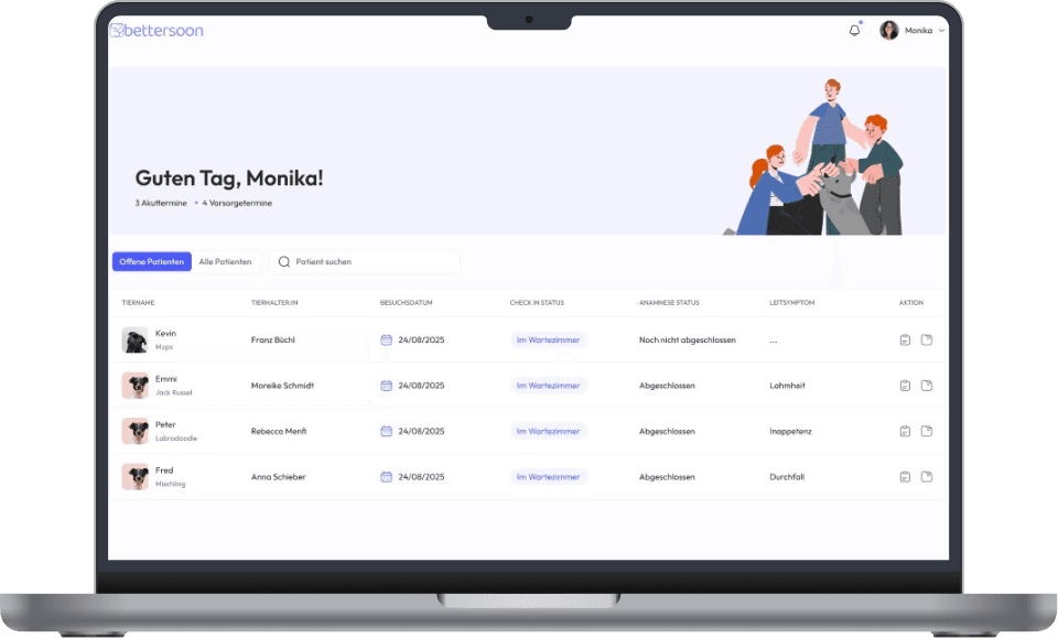 Laptop showing the Bettersoon dashboard for managing pet health.