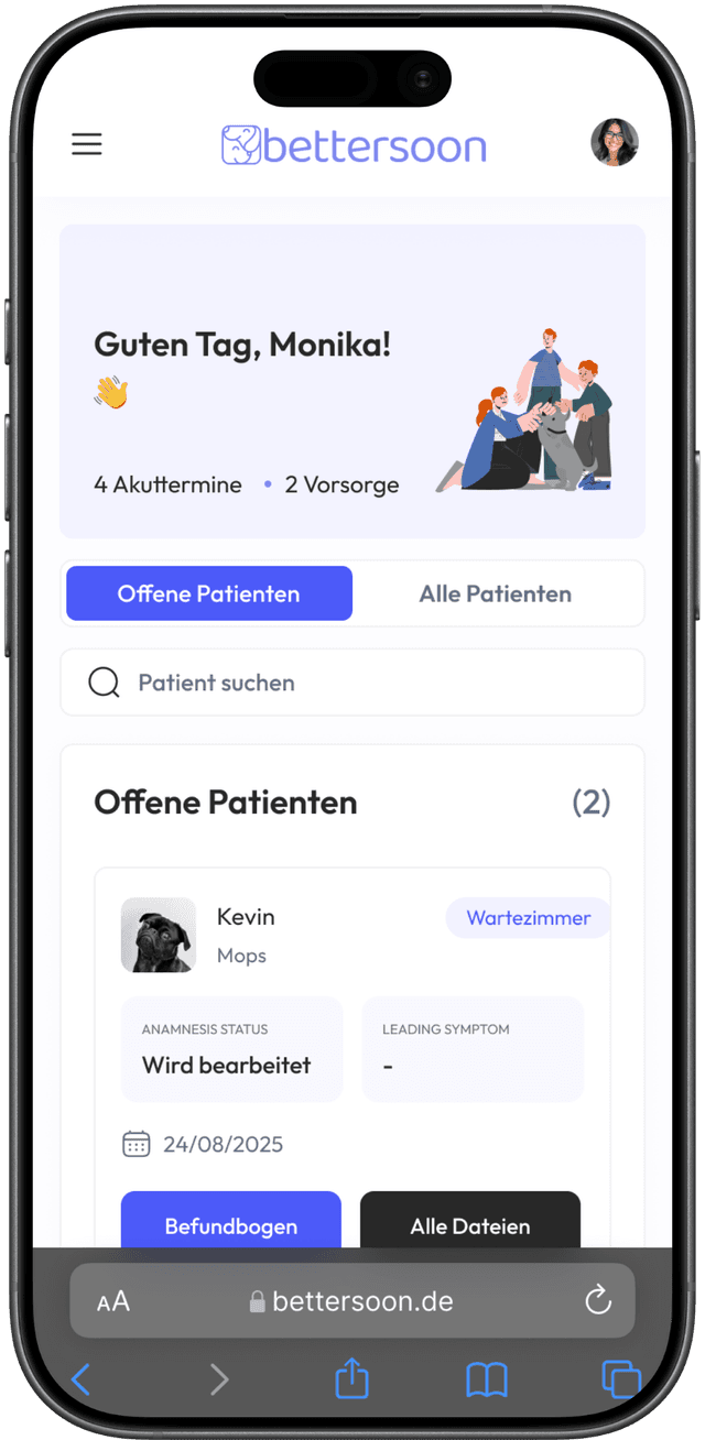 Smartphone displaying the Bettersoon mobile app interface for pet care.